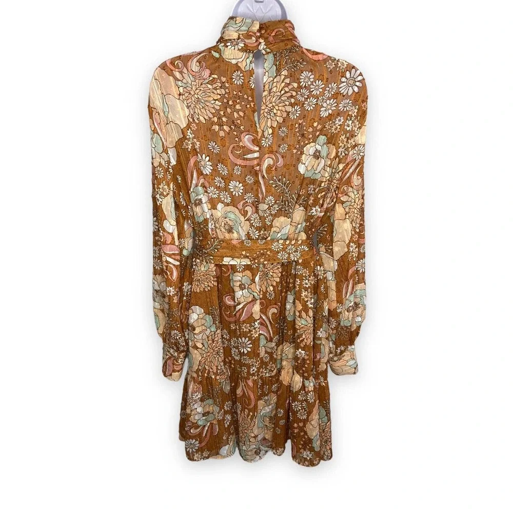 Ryegrass Large High Neck Long Sleeve Fit Flare Dress Mod Retro Rust Brown Floral - Picture 4 of 13
